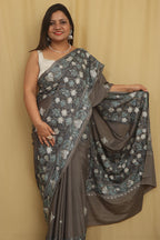 Elegant Grey Embroidered Kashmiri Aari Work Crepe Saree - Luxurion World