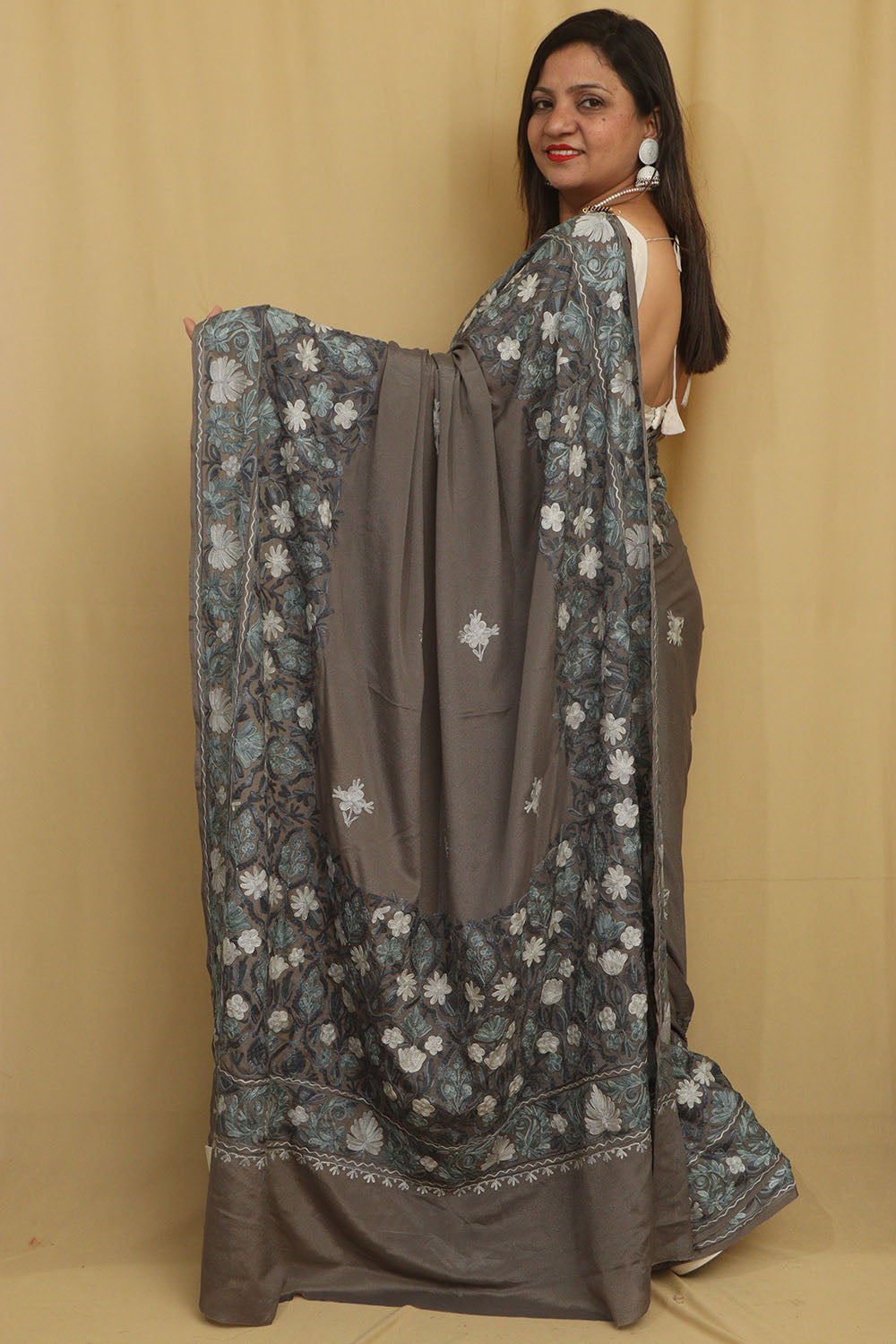 Elegant Grey Embroidered Kashmiri Aari Work Crepe Saree - Luxurion World