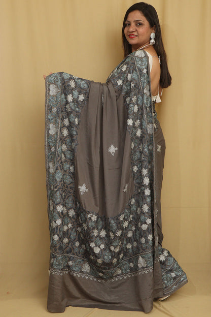 Elegant Grey Embroidered Kashmiri Aari Work Crepe Saree - Luxurion World