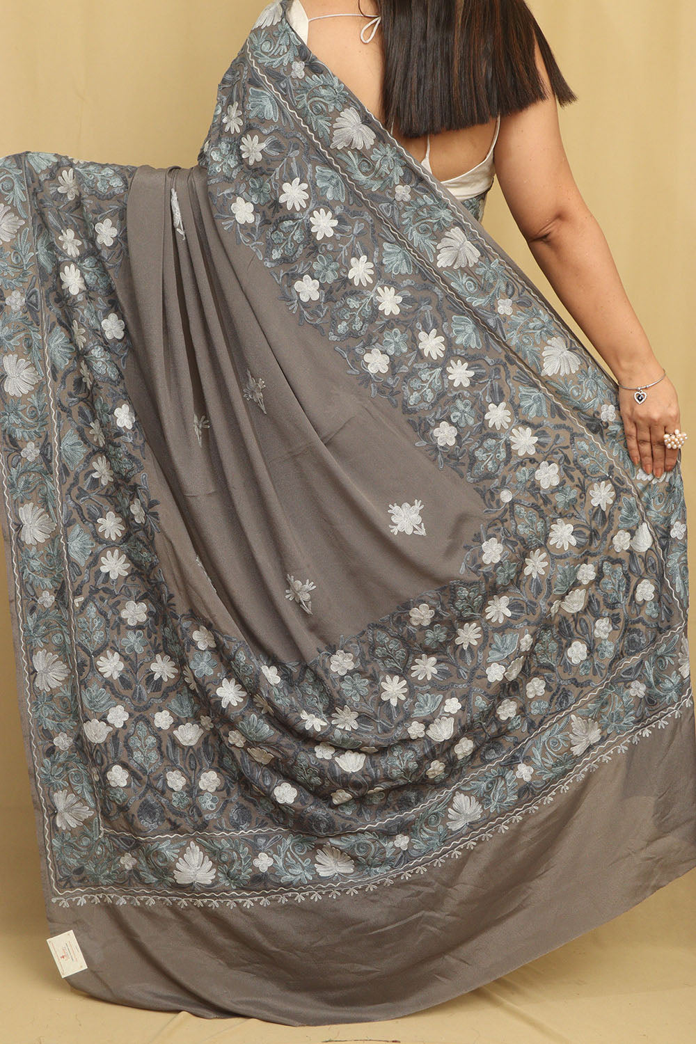Elegant Grey Embroidered Kashmiri Aari Work Crepe Saree - Luxurion World