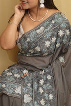 Elegant Grey Embroidered Kashmiri Aari Work Crepe Saree - Luxurion World