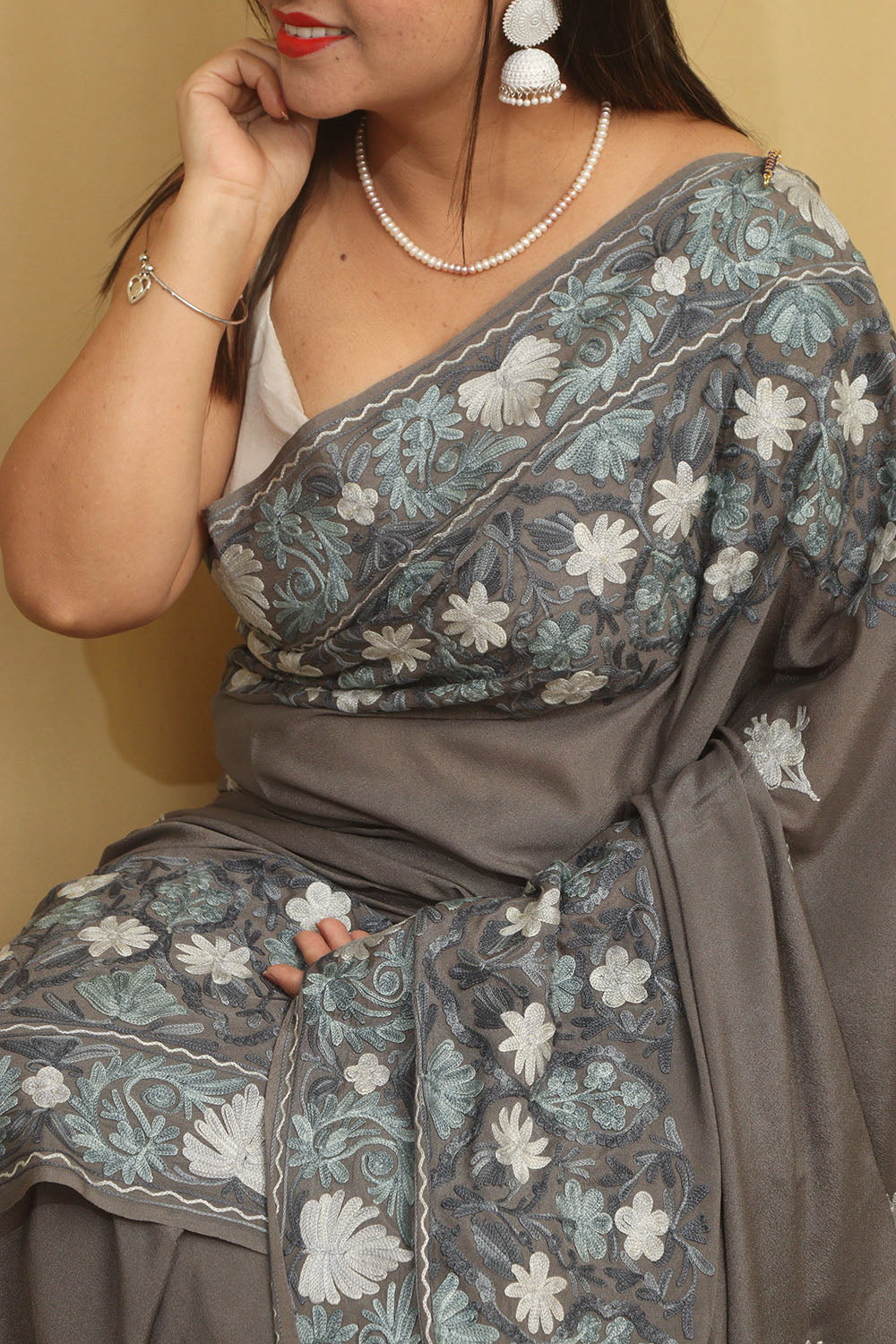 Elegant Grey Embroidered Kashmiri Aari Work Crepe Saree - Luxurion World