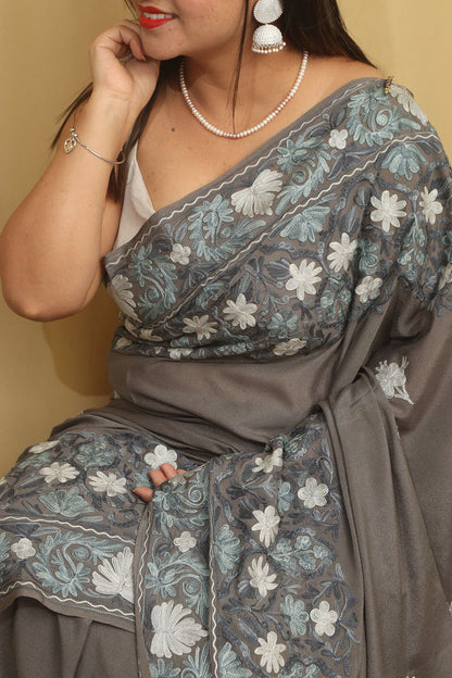 Elegant Grey Embroidered Kashmiri Aari Work Crepe Saree - Luxurion World