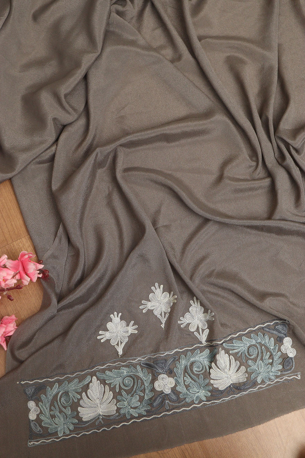 Elegant Grey Embroidered Kashmiri Aari Work Crepe Saree - Luxurion World