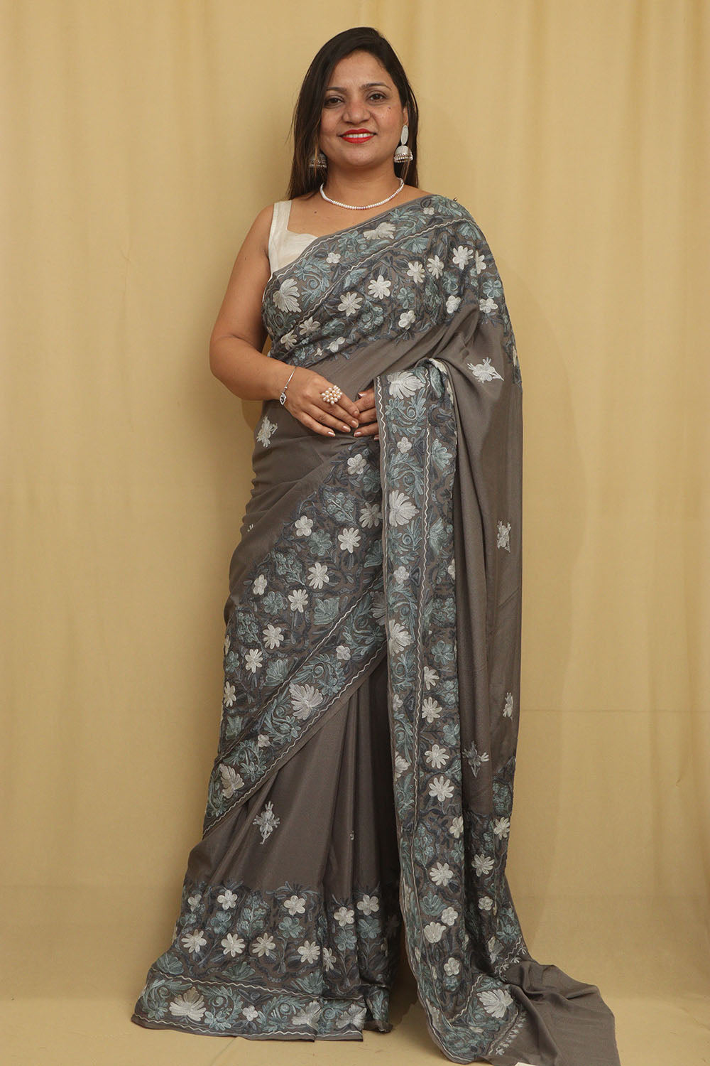 Elegant Grey Embroidered Kashmiri Aari Work Crepe Saree - Luxurion World