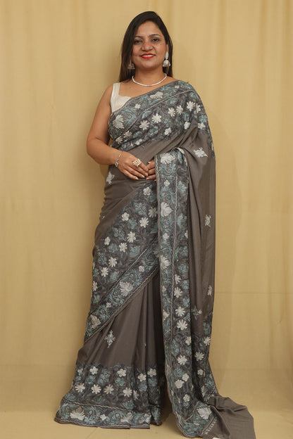 Elegant Grey Embroidered Kashmiri Aari Work Crepe Saree - Luxurion World