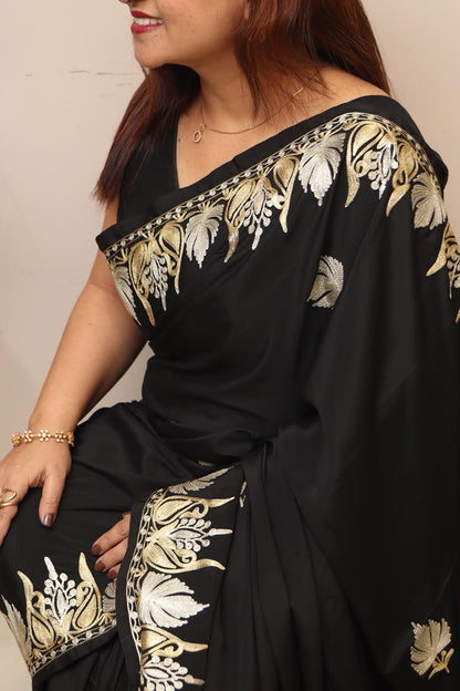 Elegant Black Embroidered Kashmiri Tilla Work Crepe Saree - Luxurion World
