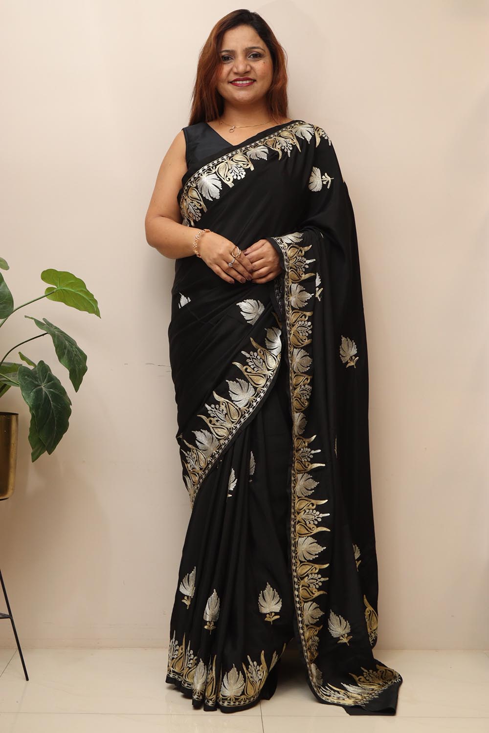 Elegant Black Embroidered Kashmiri Tilla Work Crepe Saree - Luxurion World