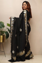 Elegant Black Embroidered Kashmiri Tilla Work Crepe Saree - Luxurion World