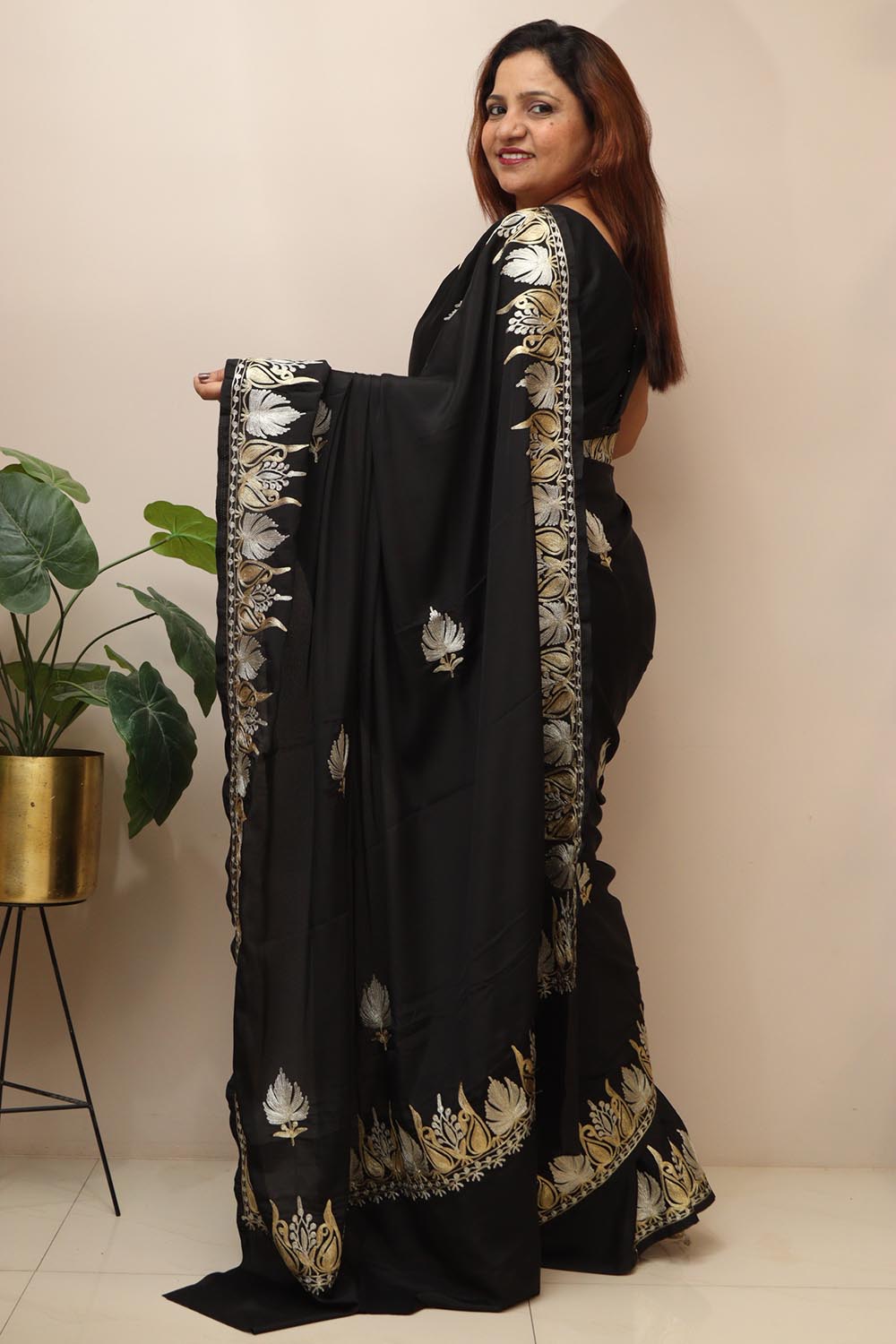 Elegant Black Embroidered Kashmiri Tilla Work Crepe Saree - Luxurion World