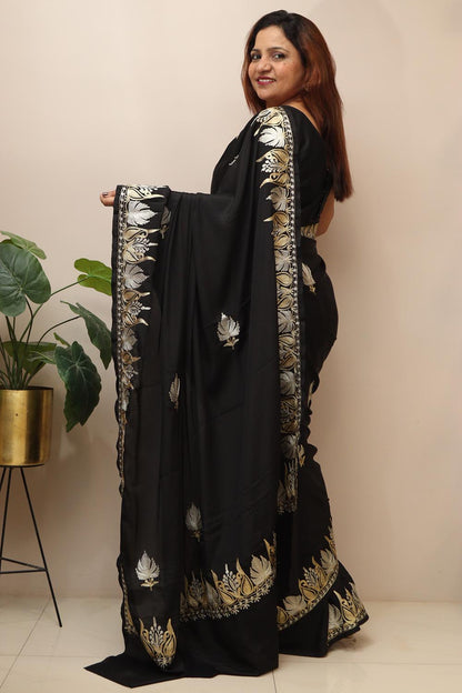 Elegant Black Embroidered Kashmiri Tilla Work Crepe Saree - Luxurion World