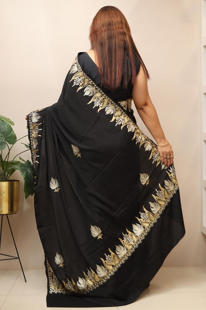Elegant Black Embroidered Kashmiri Tilla Work Crepe Saree - Luxurion World