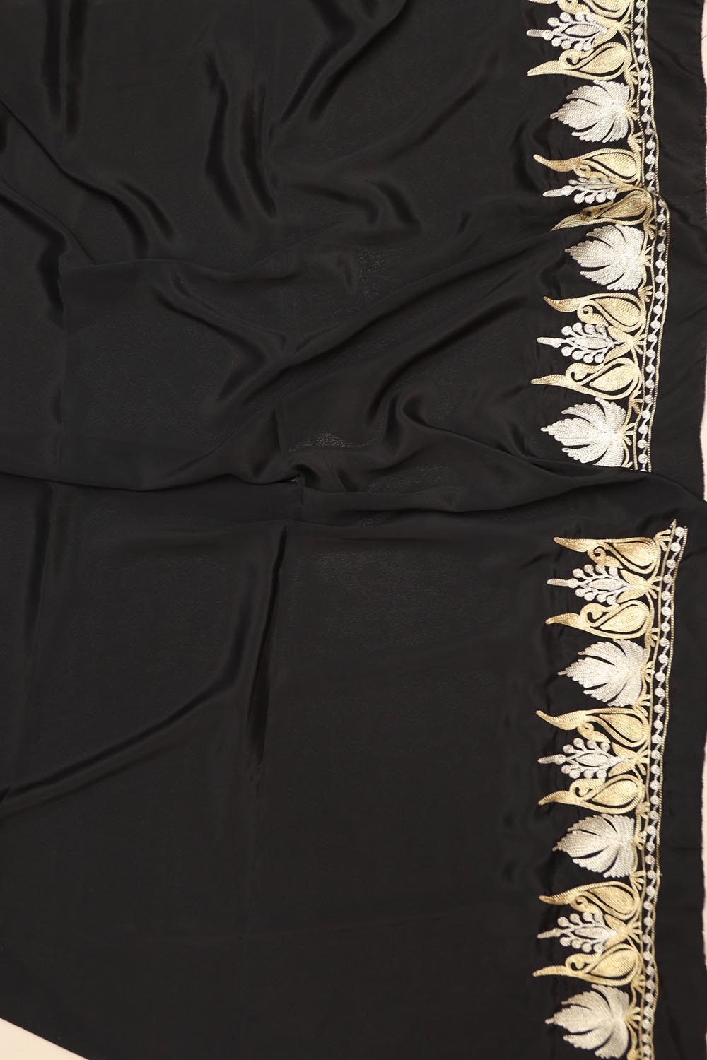 Elegant Black Embroidered Kashmiri Tilla Work Crepe Saree - Luxurion World