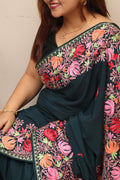 Green Embroidered Kashmiri Tilla Work Crepe Saree - Luxurion World