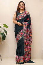 Green Embroidered Kashmiri Tilla Work Crepe Saree - Luxurion World