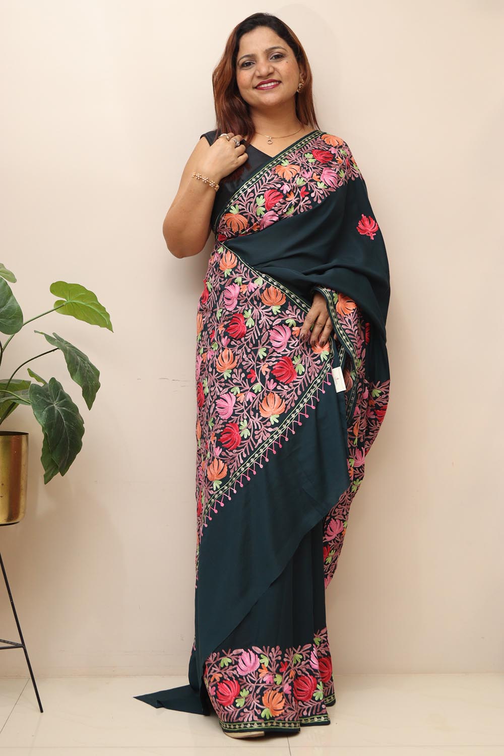 Green Embroidered Kashmiri Tilla Work Crepe Saree - Luxurion World