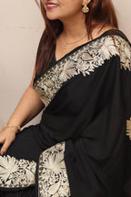 Elegant Black Embroidered Kashmiri Tilla Work Crepe Saree - Luxurion World