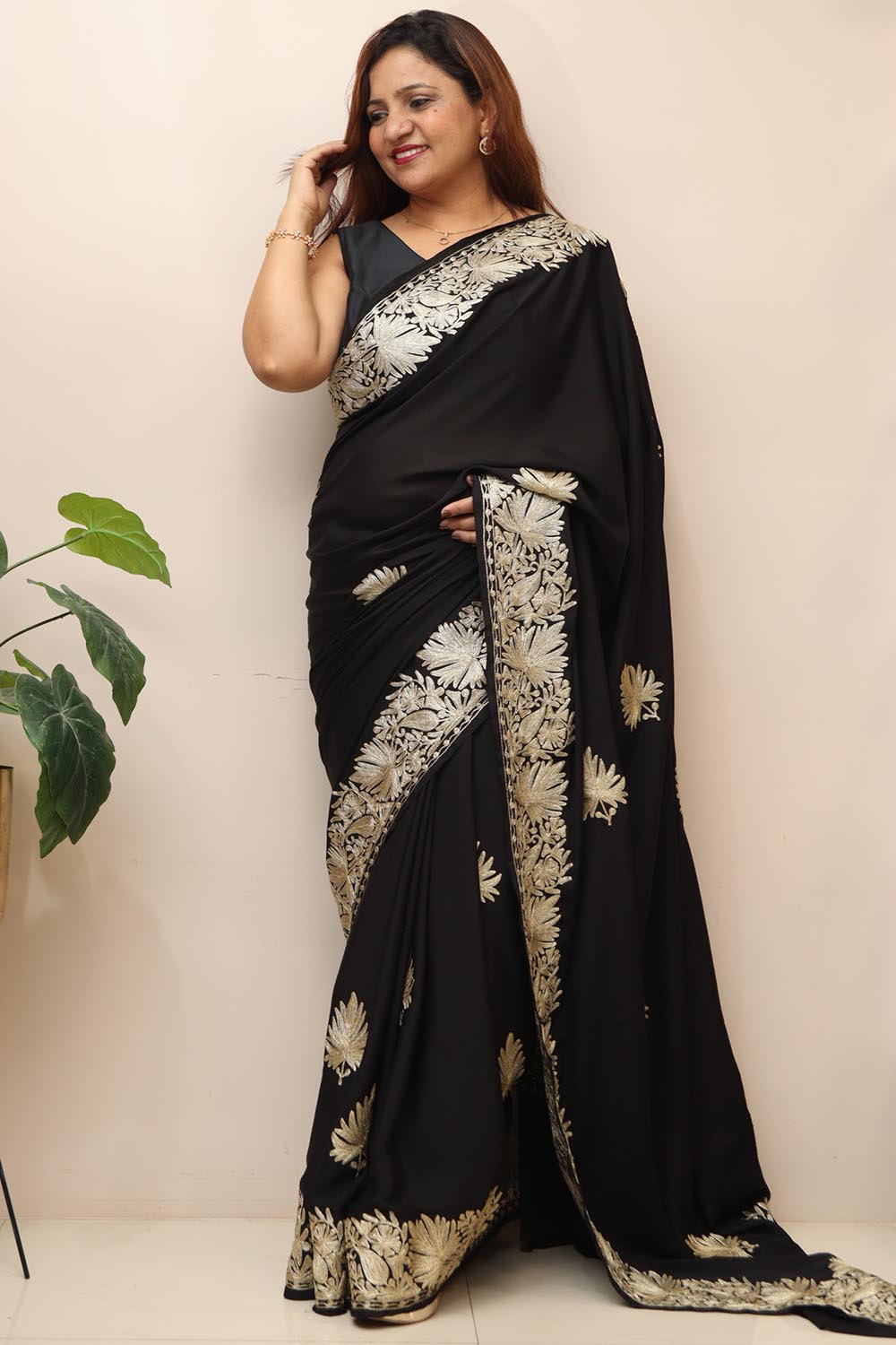 Elegant Black Embroidered Kashmiri Tilla Work Crepe Saree - Luxurion World