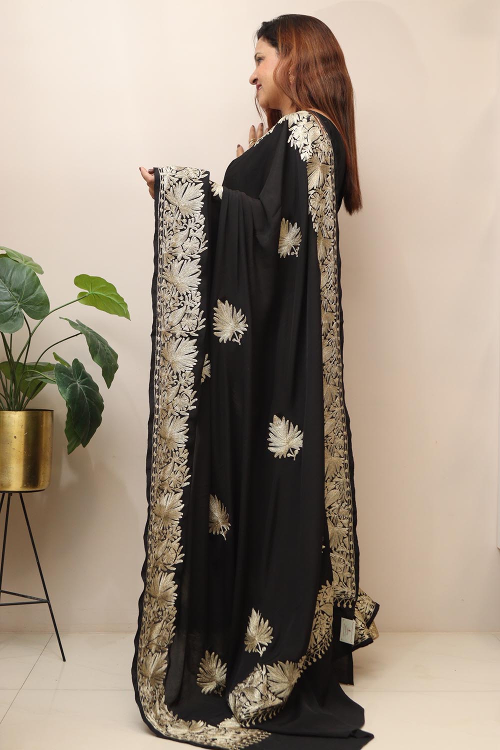 Elegant Black Embroidered Kashmiri Tilla Work Crepe Saree - Luxurion World