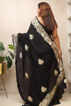 Elegant Black Embroidered Kashmiri Tilla Work Crepe Saree - Luxurion World