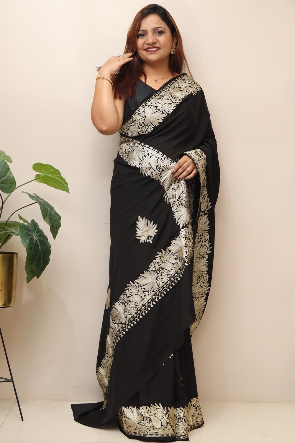 Elegant Black Embroidered Kashmiri Tilla Work Crepe Saree - Luxurion World