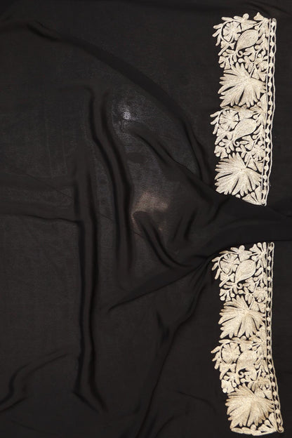 Elegant Black Embroidered Kashmiri Tilla Work Crepe Saree - Luxurion World