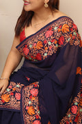 Stunning Blue Embroidered Kashmiri Aari Work Georgette Saree - Luxurion World