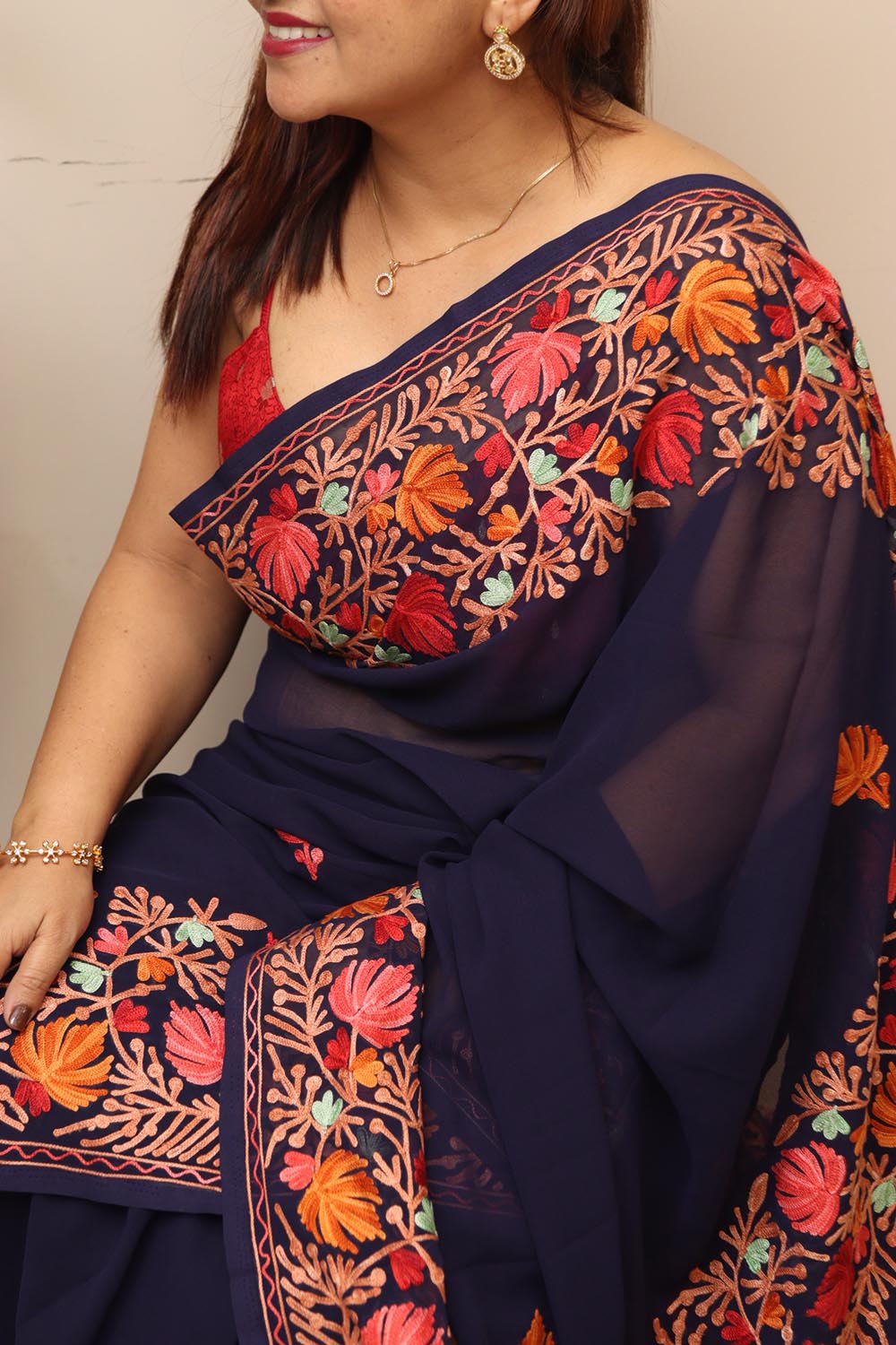 Stunning Blue Embroidered Kashmiri Aari Work Georgette Saree - Luxurion World