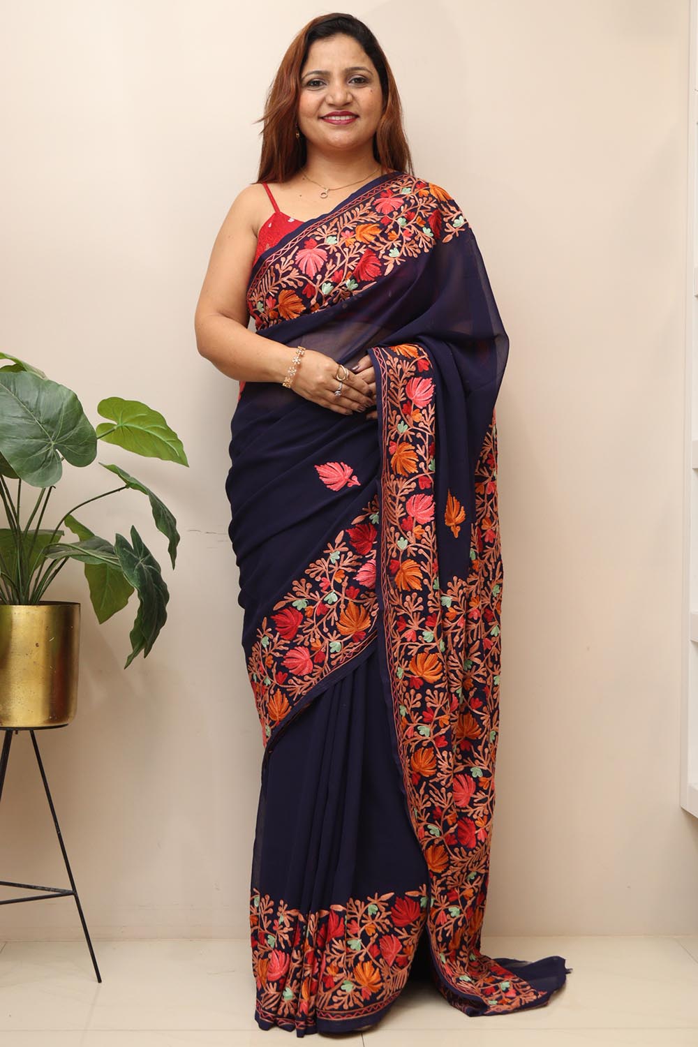 Stunning Blue Embroidered Kashmiri Aari Work Georgette Saree - Luxurion World