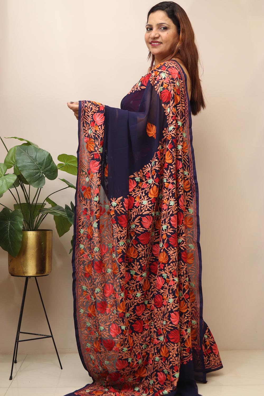 Stunning Blue Embroidered Kashmiri Aari Work Georgette Saree - Luxurion World