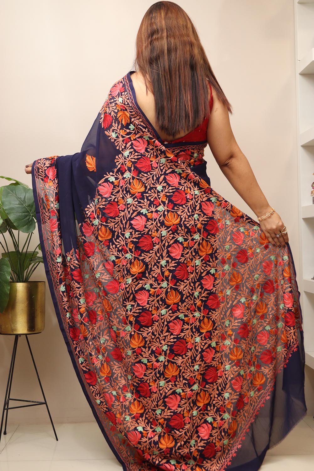 Stunning Blue Embroidered Kashmiri Aari Work Georgette Saree - Luxurion World
