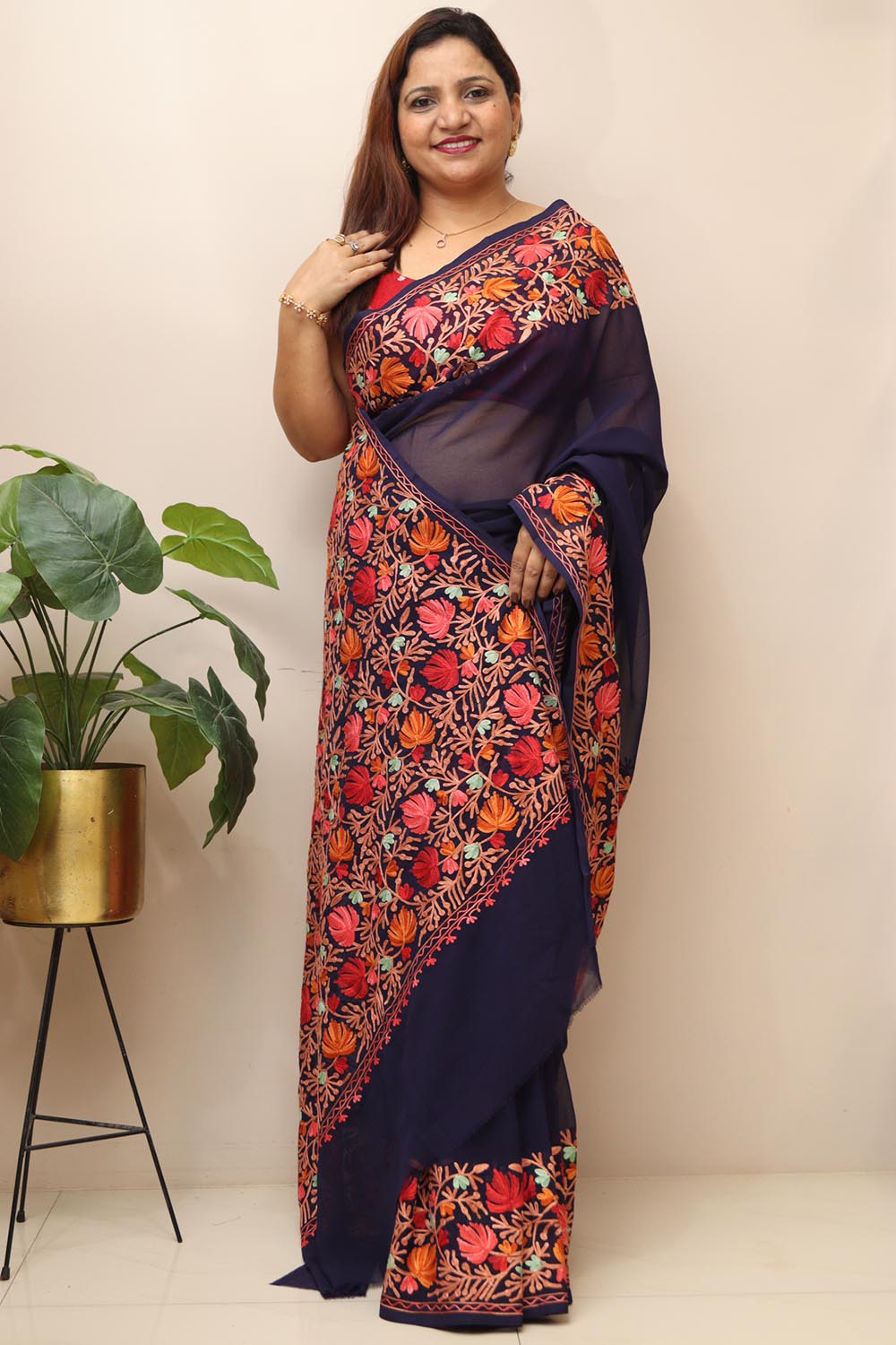 Stunning Blue Embroidered Kashmiri Aari Work Georgette Saree - Luxurion World
