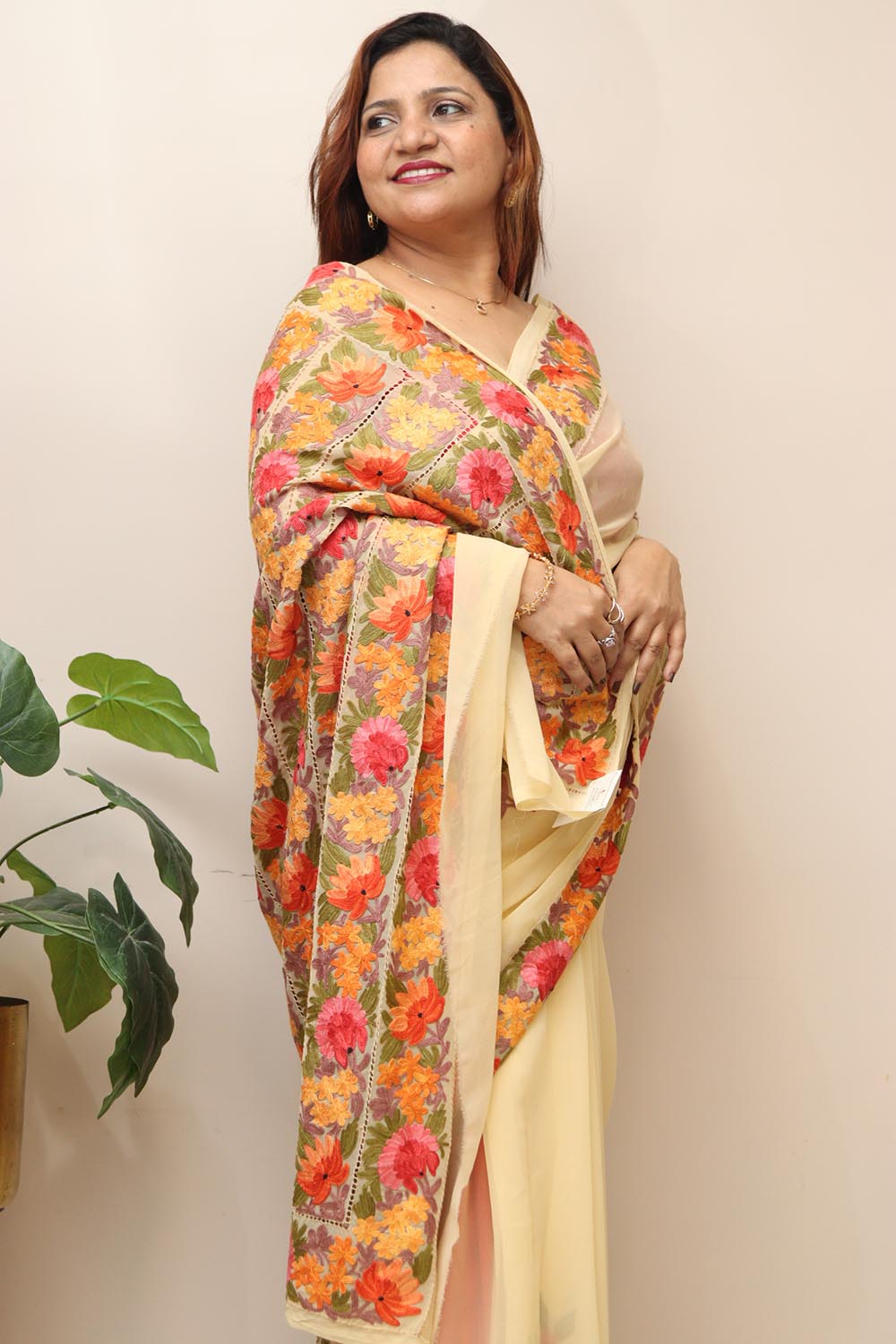 Elegant Cream Embroidered Kashmiri Aari Work Georgette Saree - Luxurion World