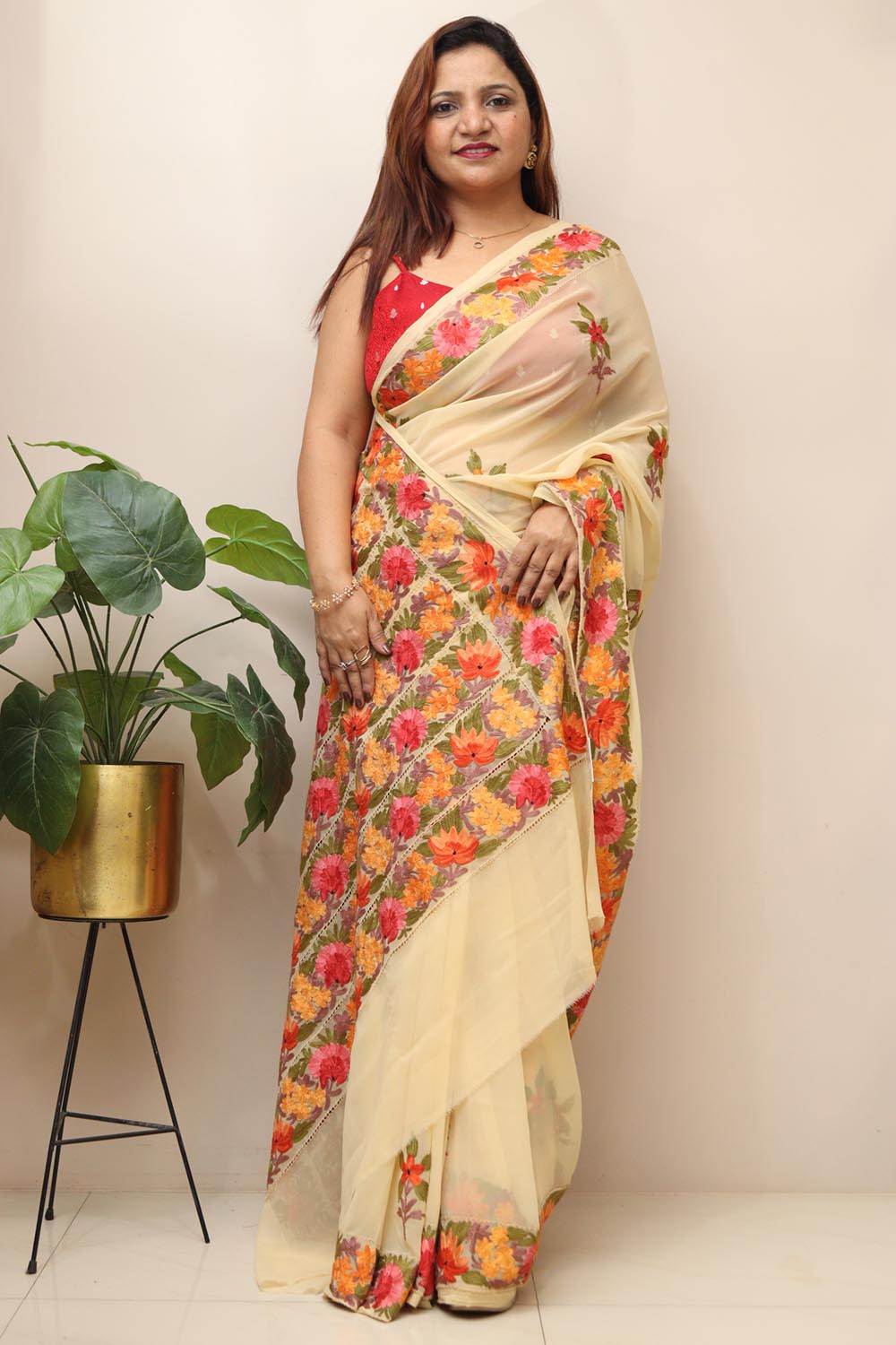 Elegant Cream Embroidered Kashmiri Aari Work Georgette Saree - Luxurion World