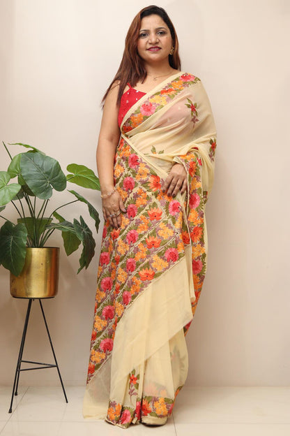 Elegant Cream Embroidered Kashmiri Aari Work Georgette Saree - Luxurion World