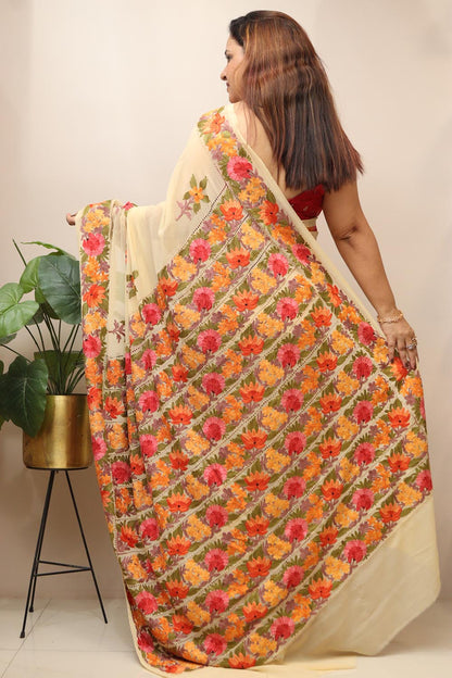 Elegant Cream Embroidered Kashmiri Aari Work Georgette Saree - Luxurion World