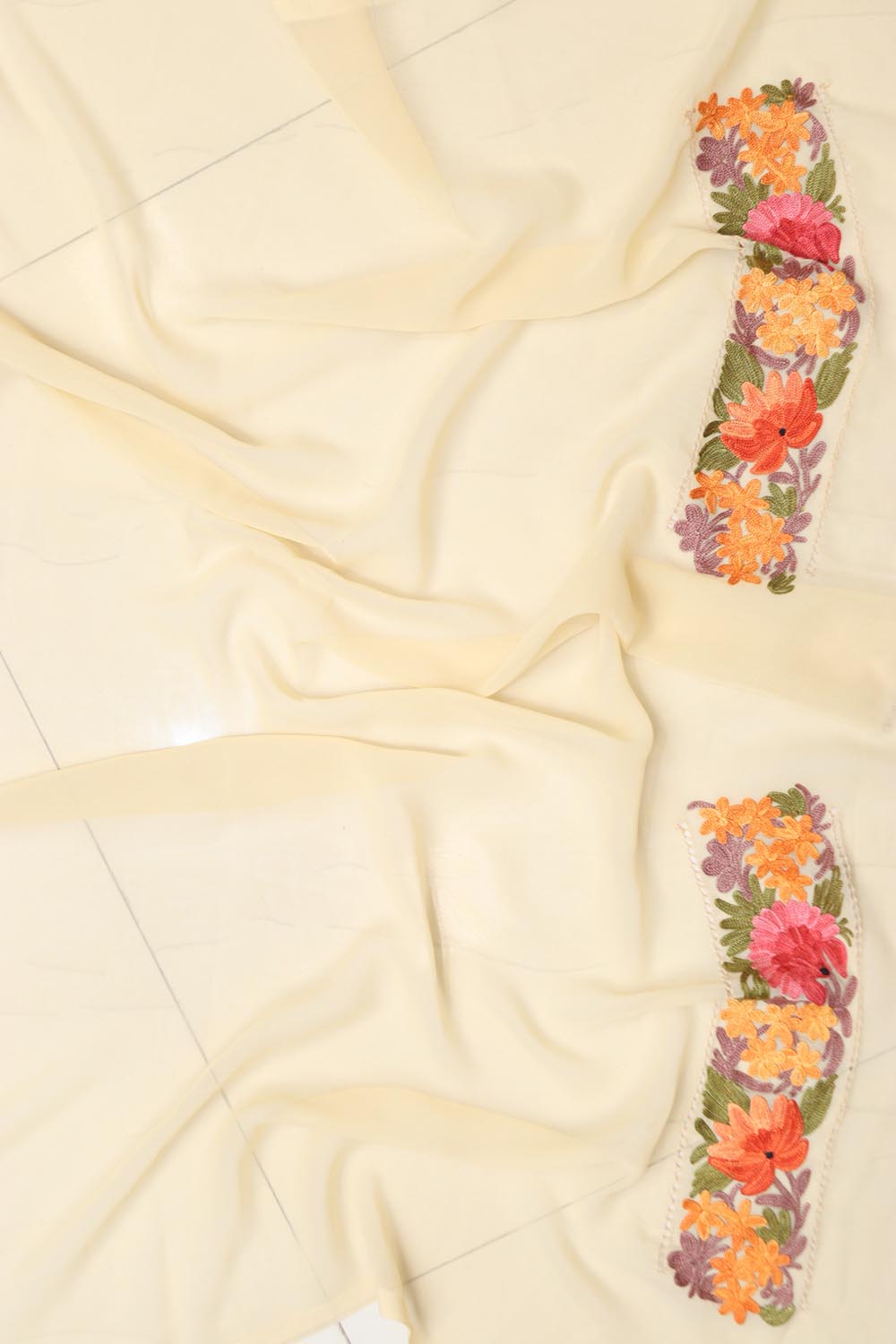 Elegant Cream Embroidered Kashmiri Aari Work Georgette Saree - Luxurion World