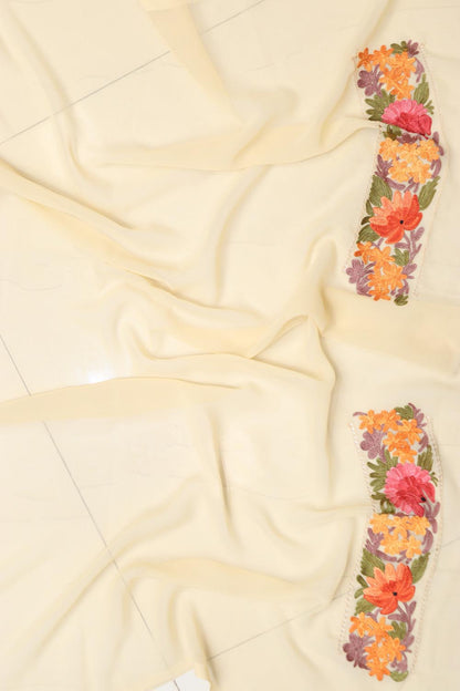 Elegant Cream Embroidered Kashmiri Aari Work Georgette Saree - Luxurion World