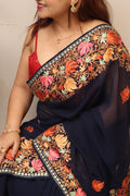 Elegant Blue Embroidered Kashmiri Aari Work Georgette Saree - Luxurion World