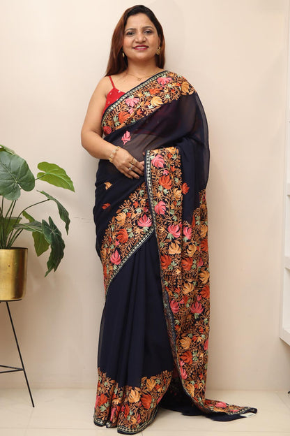 Elegant Blue Embroidered Kashmiri Aari Work Georgette Saree - Luxurion World