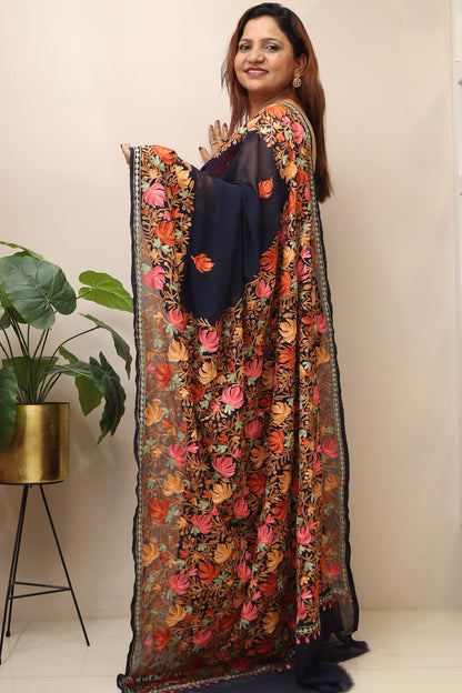 Elegant Blue Embroidered Kashmiri Aari Work Georgette Saree - Luxurion World