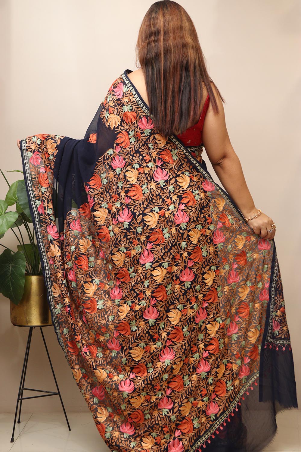 Elegant Blue Embroidered Kashmiri Aari Work Georgette Saree - Luxurion World