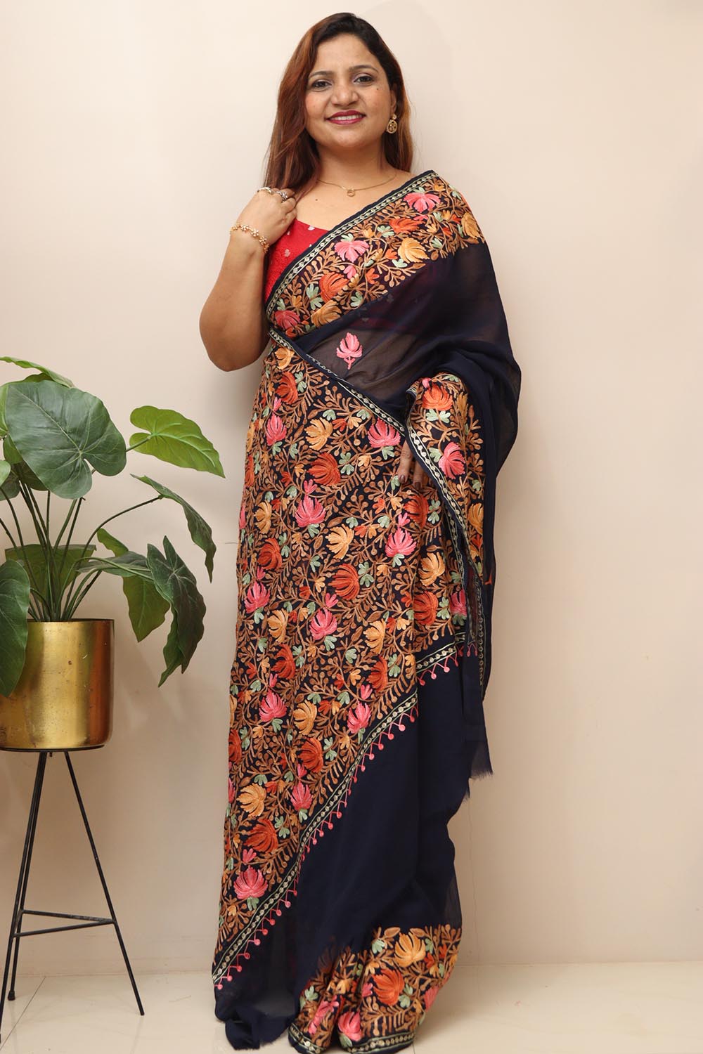 Elegant Blue Embroidered Kashmiri Aari Work Georgette Saree - Luxurion World