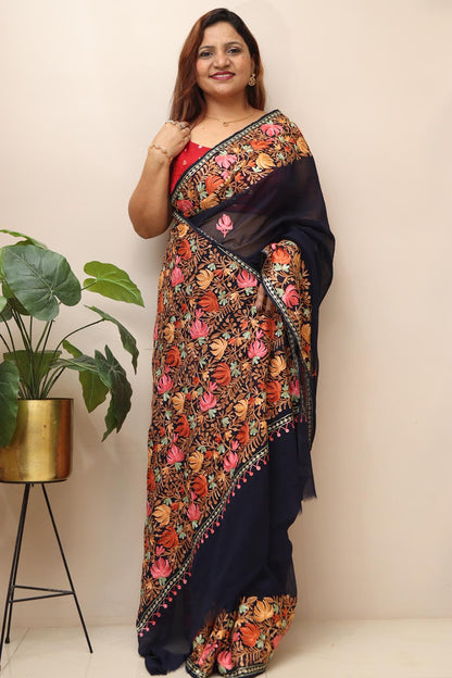 Elegant Blue Embroidered Kashmiri Aari Work Georgette Saree - Luxurion World