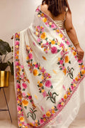 Elegant Off White Georgette Kashmiri Aari Embroidered Work Saree - Luxurion World