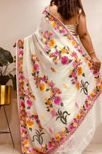 Elegant Off White Georgette Kashmiri Aari Embroidered Work Saree - Luxurion World