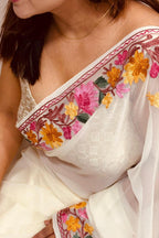 Elegant Off White Georgette Kashmiri Aari Embroidered Work Saree - Luxurion World