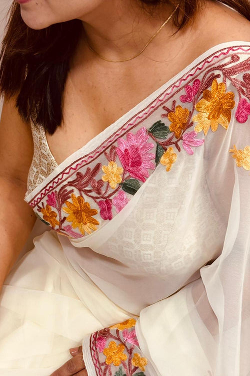Elegant Off White Georgette Kashmiri Aari Embroidered Work Saree - Luxurion World