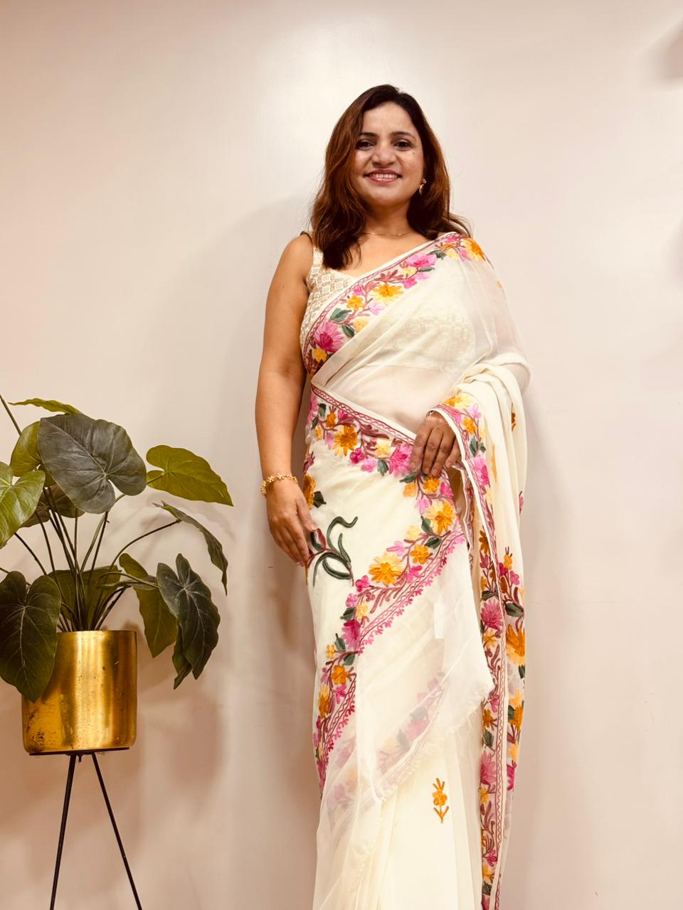 Elegant Off White Georgette Kashmiri Aari Embroidered Work Saree - Luxurion World