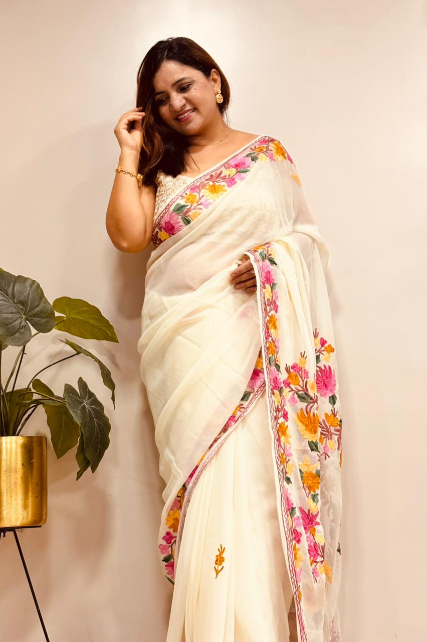Elegant Off White Georgette Kashmiri Aari Embroidered Work Saree - Luxurion World